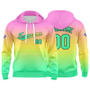 Sudadera con capucha personalizada con degradado para hombre-mujer-niña o niño Estampa tu logotipo-nombre o número en rosa-amarillo y verde