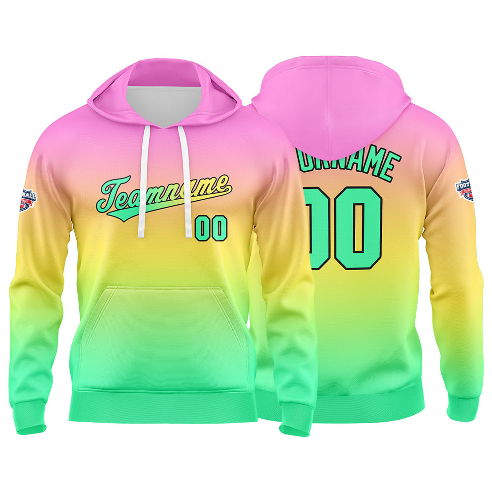 Sudadera con capucha personalizada con degradado para hombre-mujer-niña o niño Estampa tu logotipo-nombre o número en rosa-amarillo y verde