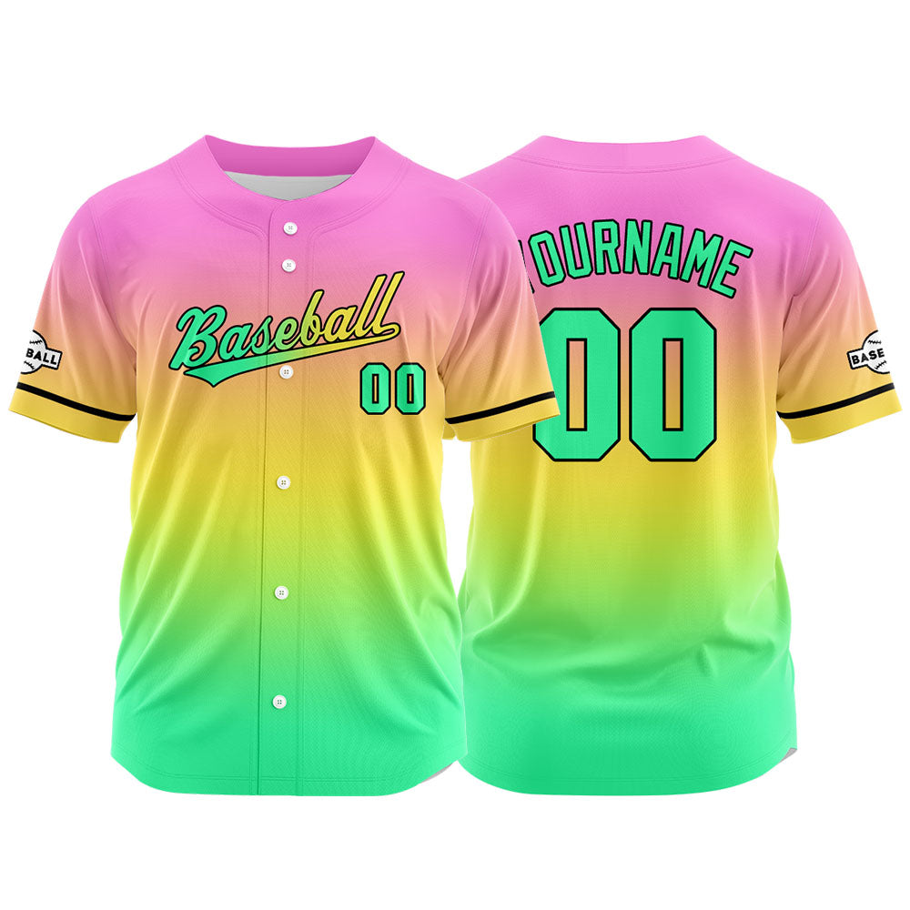 Dise?o personalizado de camiseta de béisbol con estampado completo en verde amarillo y rosa