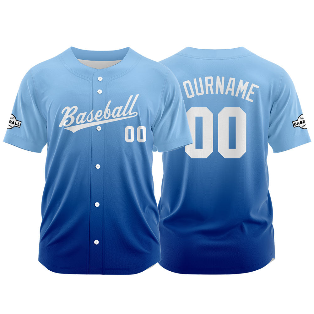 Dise?o personalizado de camiseta de béisbol con estampado completo y degradado azul