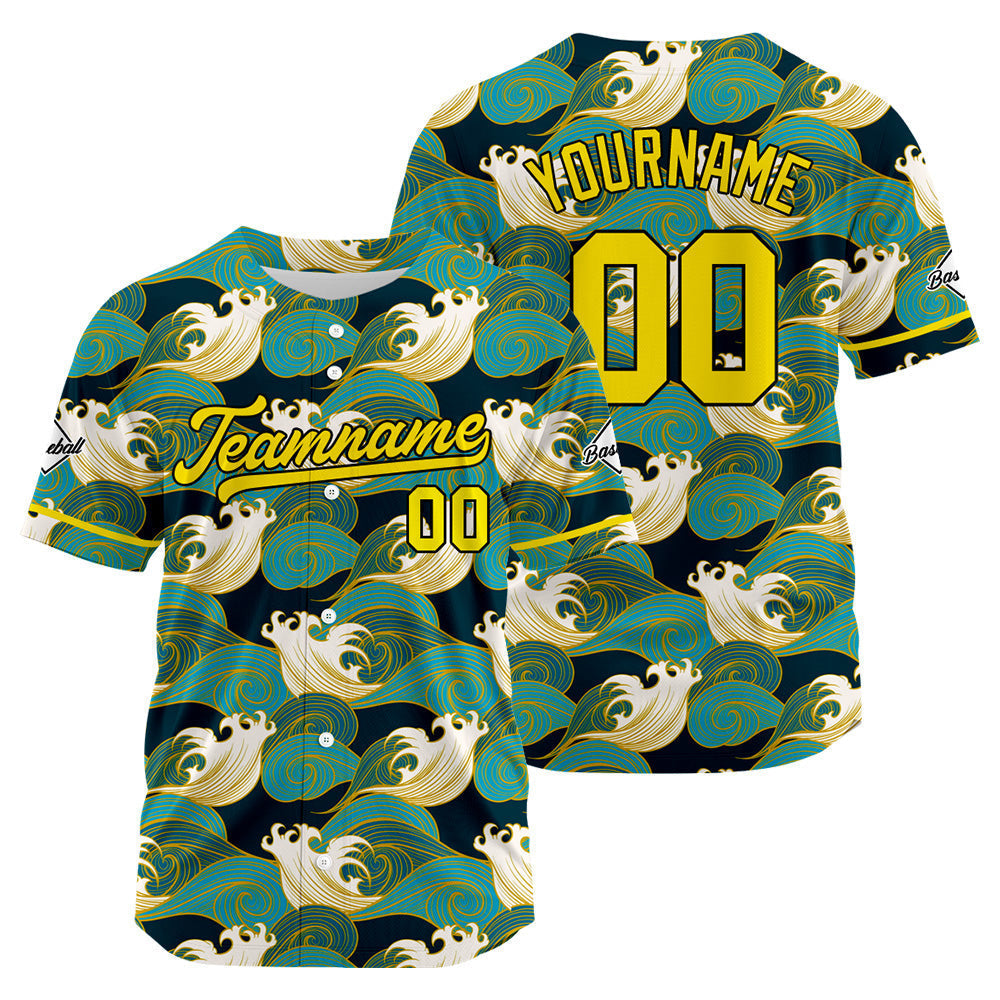 Camiseta de béisbol con dise?o personalizado estampado a todo color verde y amarillo