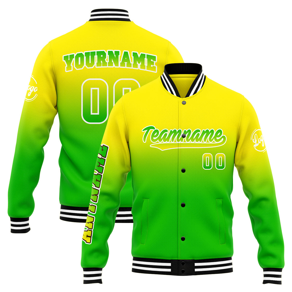 Chaqueta universitaria personalizada estilo Letterman para hombres-mujeres y jóvenes-color amarillo y verde