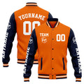 Chaqueta universitaria personalizada estilo Letterman para hombres-mujeres y jóvenes-color azul marino y naranja
