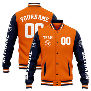 Chaqueta universitaria personalizada estilo Letterman para hombres-mujeres y jóvenes-color azul marino y naranja