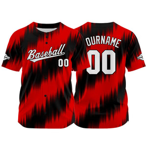 Camiseta de béisbol con dise?o personalizado estampado completo en negro y rojo