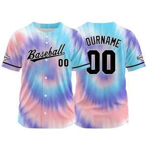 Dise?o personalizado de camiseta de béisbol con estampado completo en azul rosa y morado