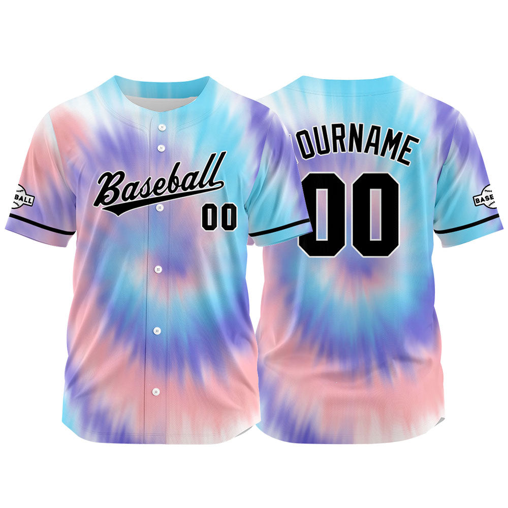 Dise?o personalizado de camiseta de béisbol con estampado completo en azul rosa y morado
