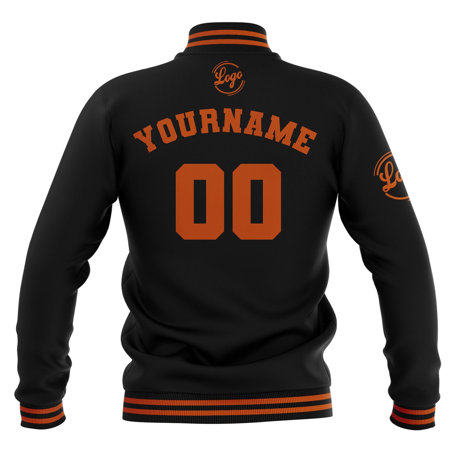 Chaquetas universitarias impermeables negras y naranja oscuro personalizadas con nombre-número y logotipo bordados a medida