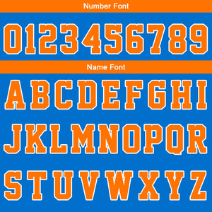 Uniforme de baloncesto personalizado azul y naranja con tu logotipo-nombre y número impresos