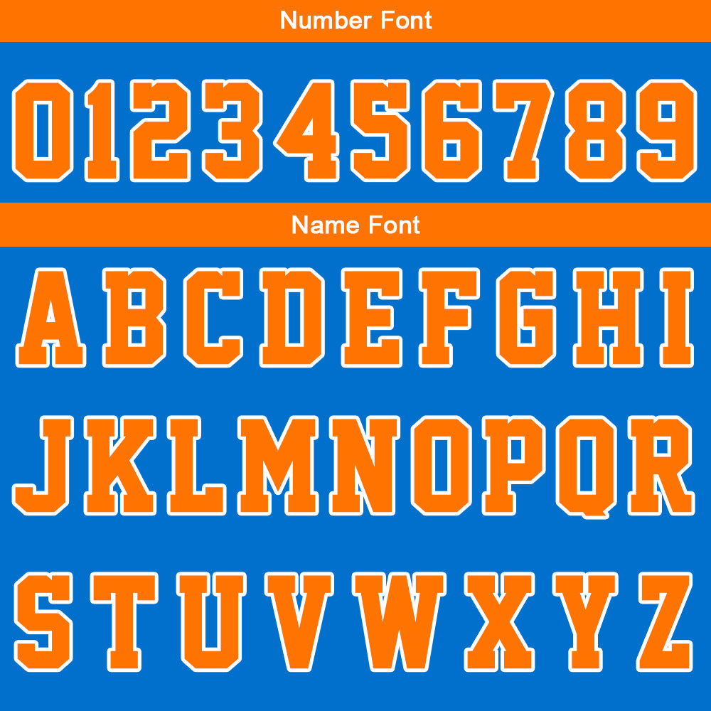 Uniforme de baloncesto personalizado azul y naranja con tu logotipo-nombre y número impresos