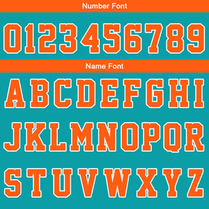 Uniforme de baloncesto personalizado color verde azulado y naranja con tu logotipo-nombre y número impresos