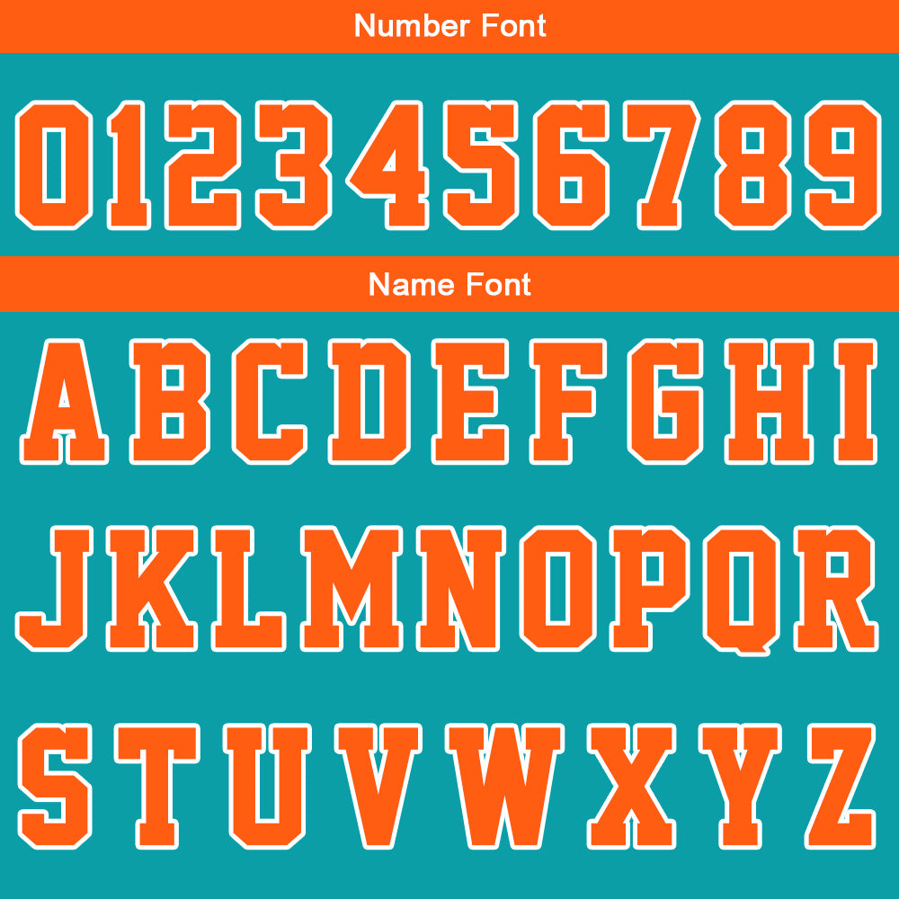 Uniforme de baloncesto personalizado color verde azulado y naranja con tu logotipo-nombre y número impresos