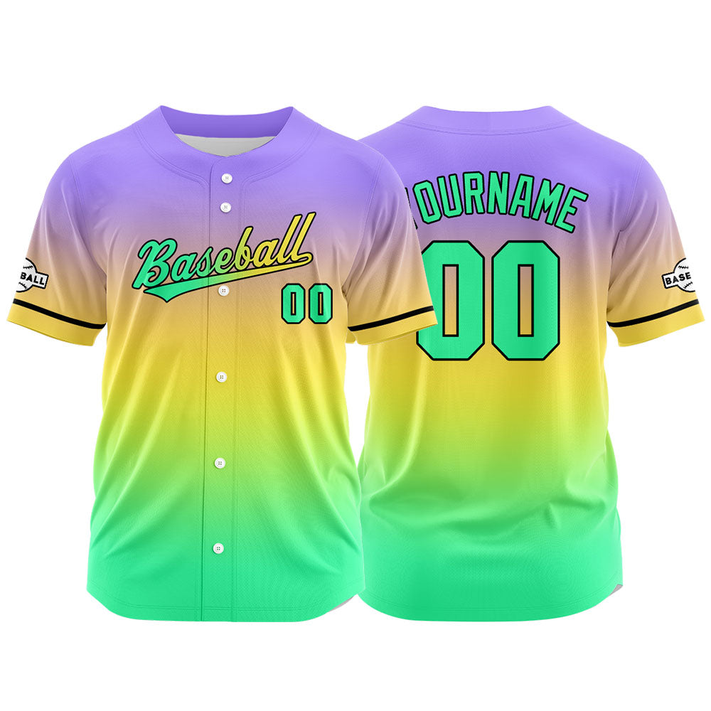 Dise?o personalizado de camiseta de béisbol con estampado completo en verde amarillo y morado