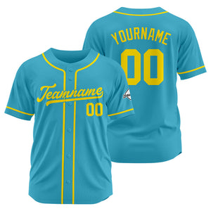 Camiseta de béisbol personalizada con diseño bordado & estilo hip hop & color azul claro y amarillo