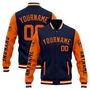 Chaqueta universitaria personalizada estilo Letterman para hombres-mujeres y jóvenes-color azul marino y naranja