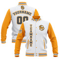 Chaquetas universitarias impermeables personalizadas en blanco-amarillo y gris con nombre-número y logotipo bordados
