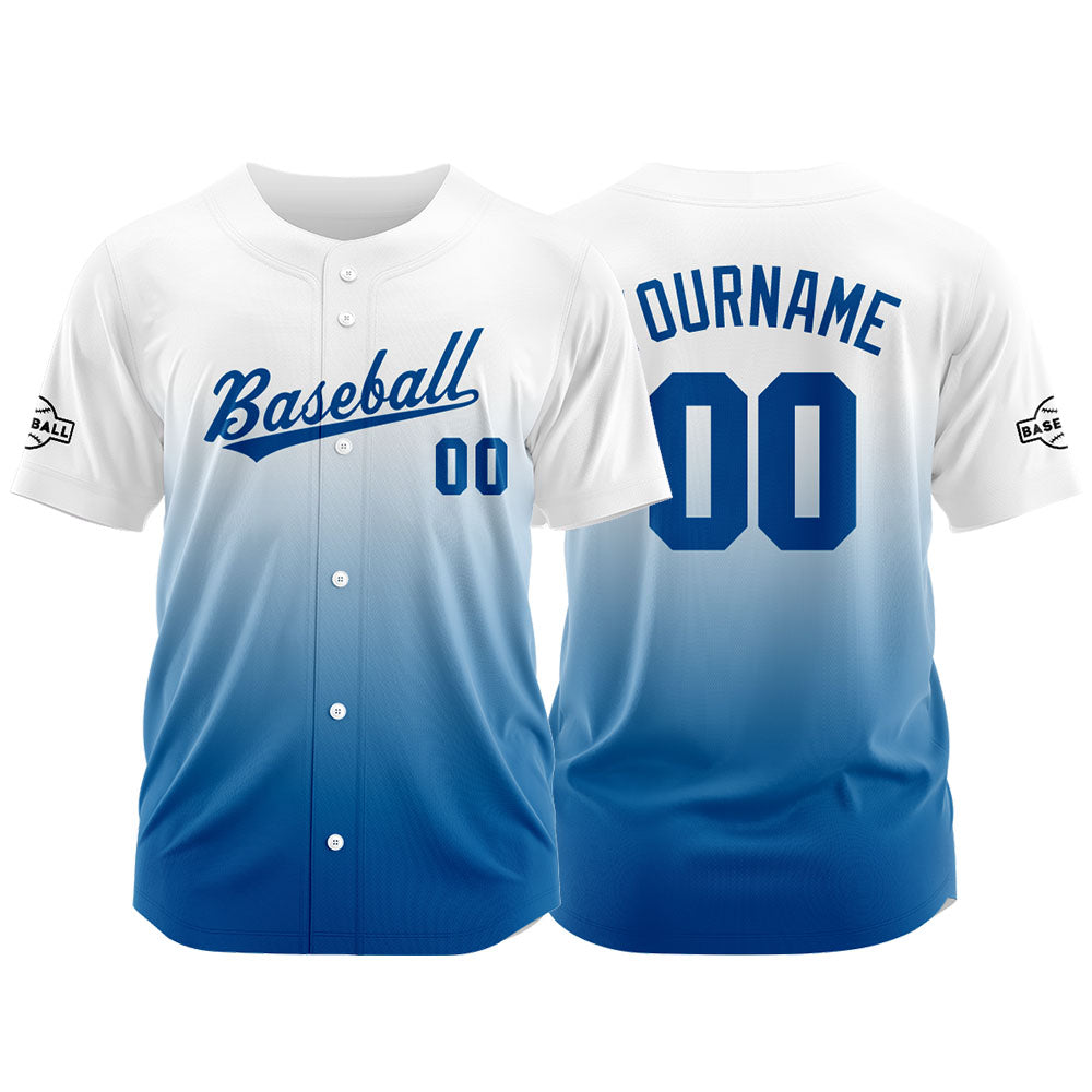 Camiseta de béisbol azul y blanca con dise?o personalizado estampado a todo color