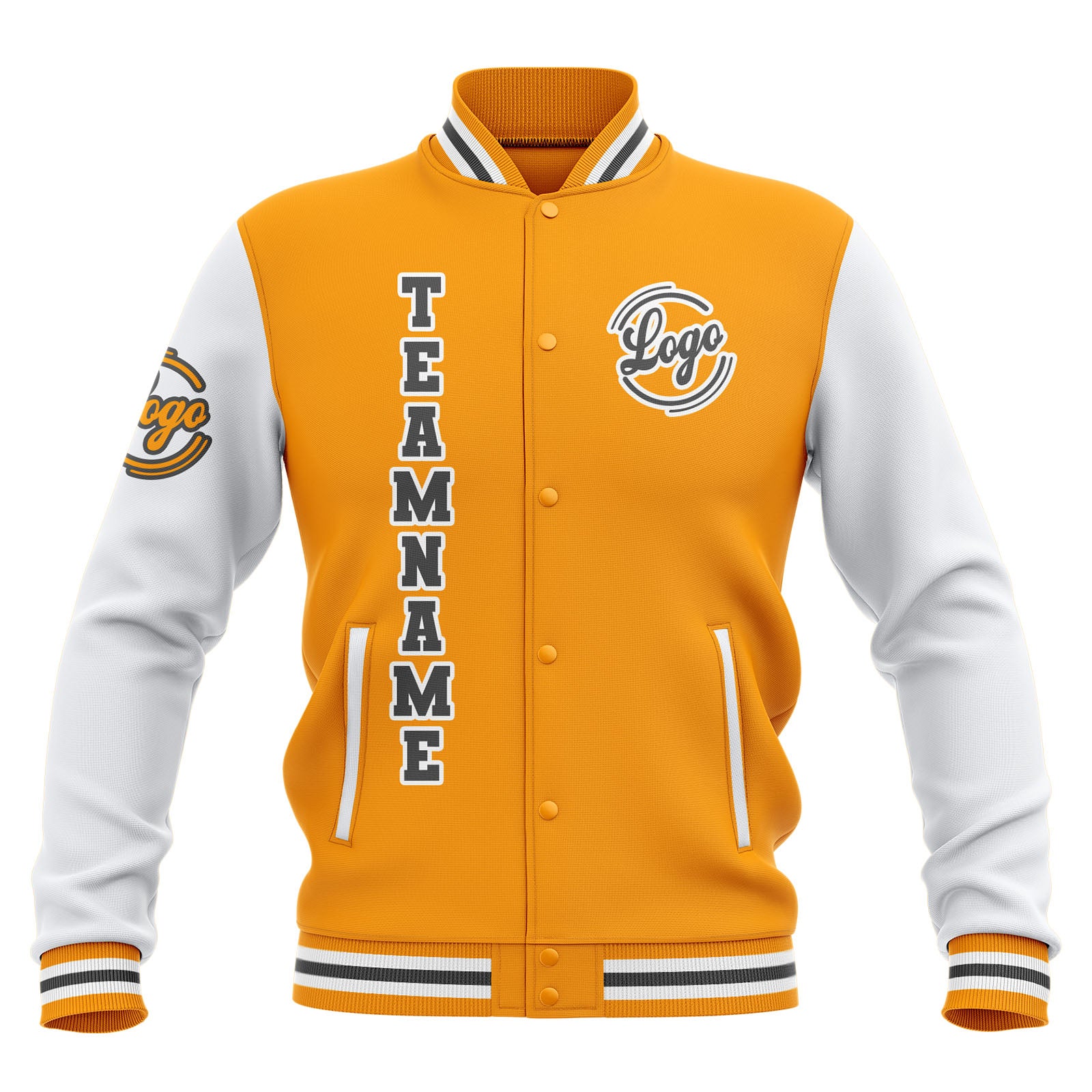 Chaquetas universitarias impermeables personalizadas en amarillo-blanco y gris con nombre-número y logotipo bordados