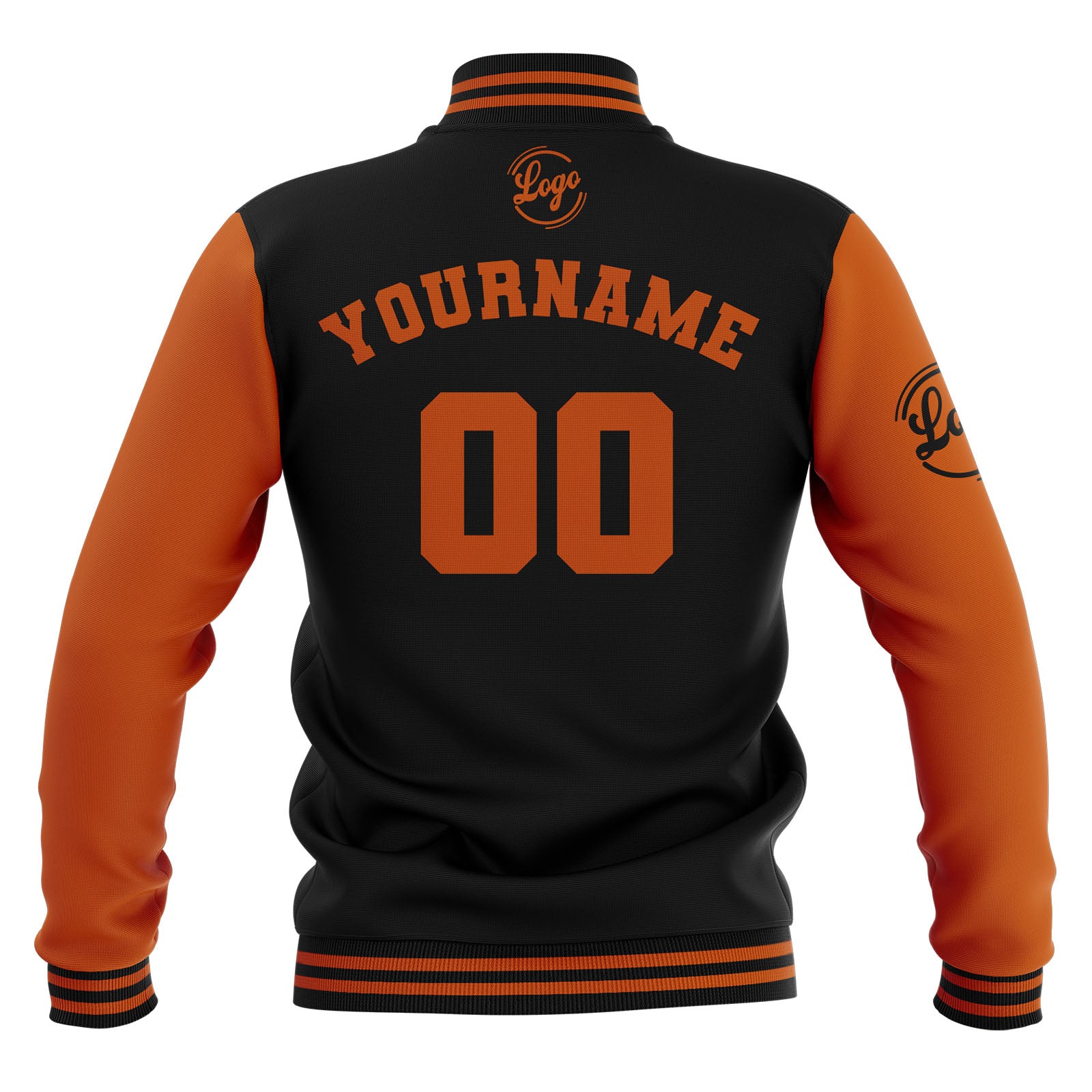 Chaquetas universitarias impermeables negras y naranja oscuro personalizadas con nombre-número y logotipo bordados a medida