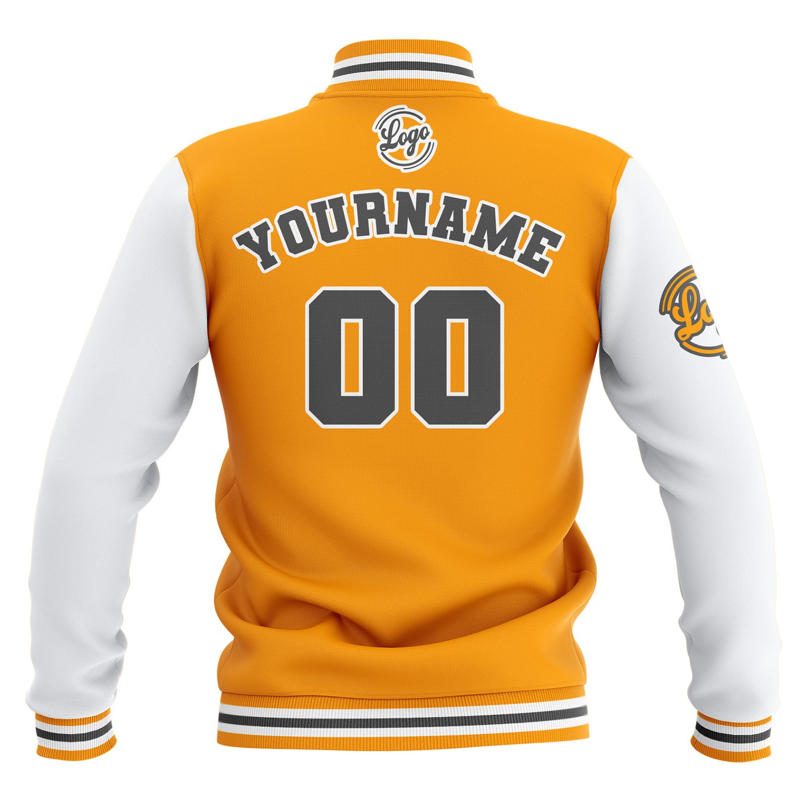 Chaquetas universitarias impermeables personalizadas en amarillo-blanco y gris con nombre-número y logotipo bordados