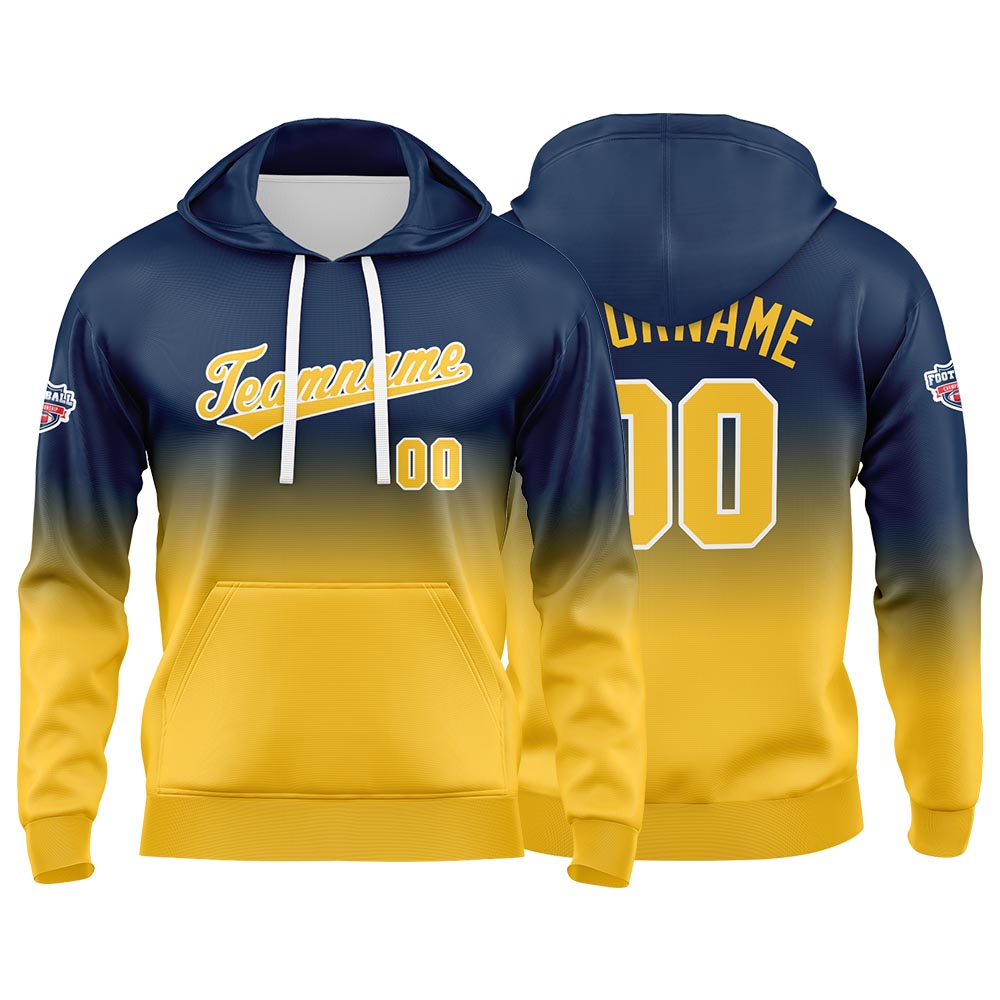 Sudadera con capucha personalizada con degradado para hombre-mujer-niña o niño Estampa tu logotipo-nombre o número Azul marino y amarillo