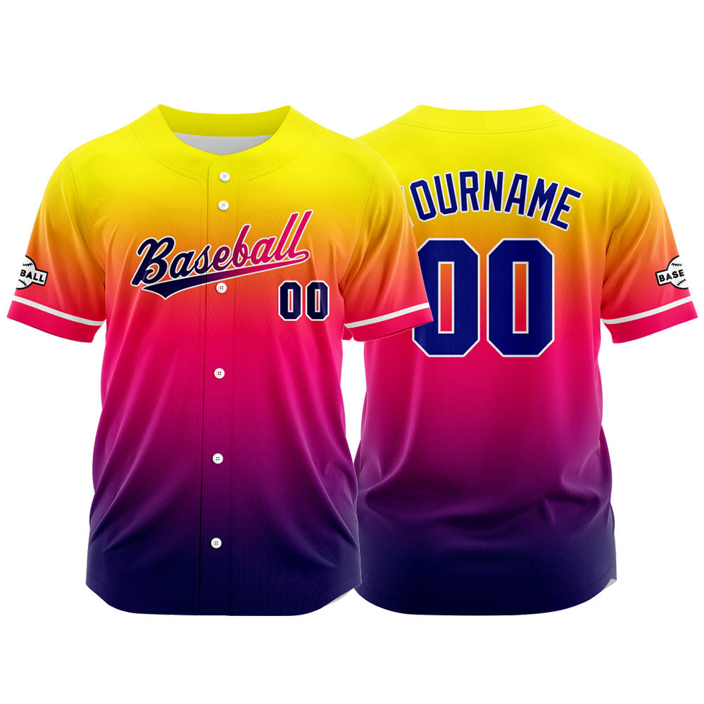 Dise?o personalizado de camiseta de béisbol con estampado completo en tonos morado rojo rosa y amarillo