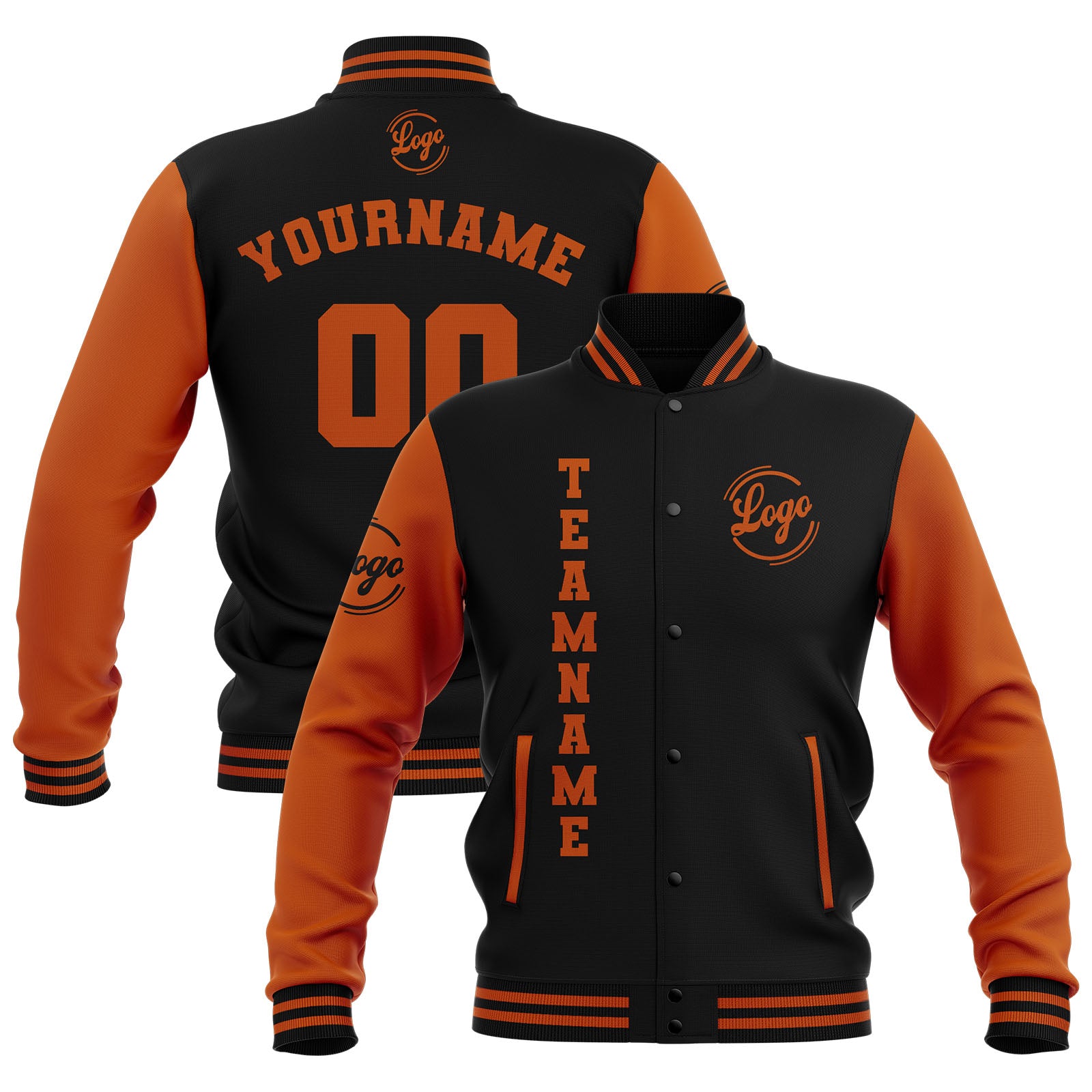 Chaquetas universitarias impermeables negras y naranja oscuro personalizadas con nombre-número y logotipo bordados a medida