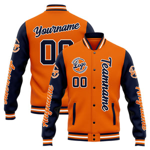 Chaqueta universitaria personalizada estilo Letterman para hombres-mujeres y jóvenes-color azul marino y naranja