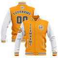 Chaquetas universitarias impermeables personalizadas en amarillo-blanco y gris con nombre-número y logotipo bordados