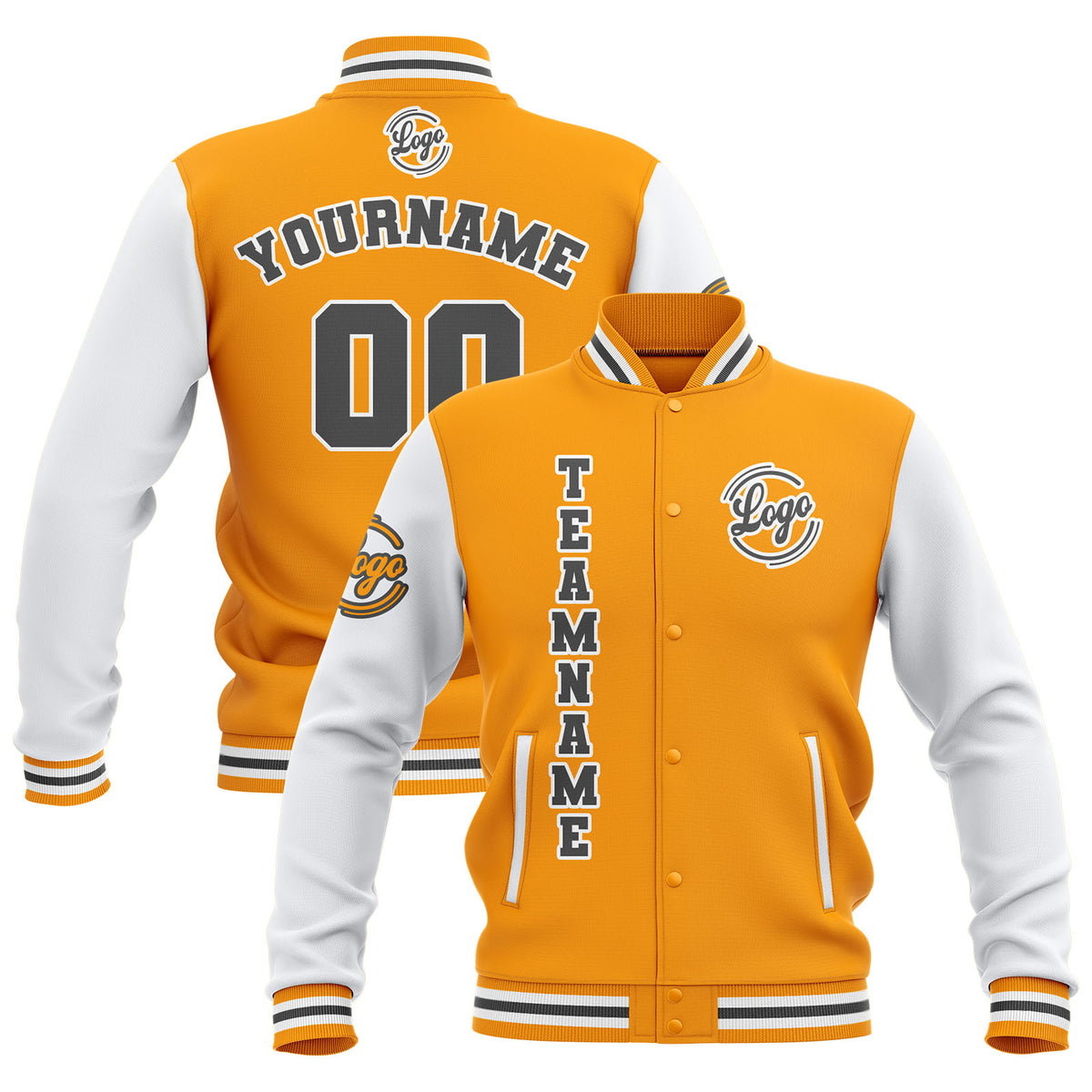 Chaquetas universitarias impermeables personalizadas en amarillo-blanco y gris con nombre-número y logotipo bordados