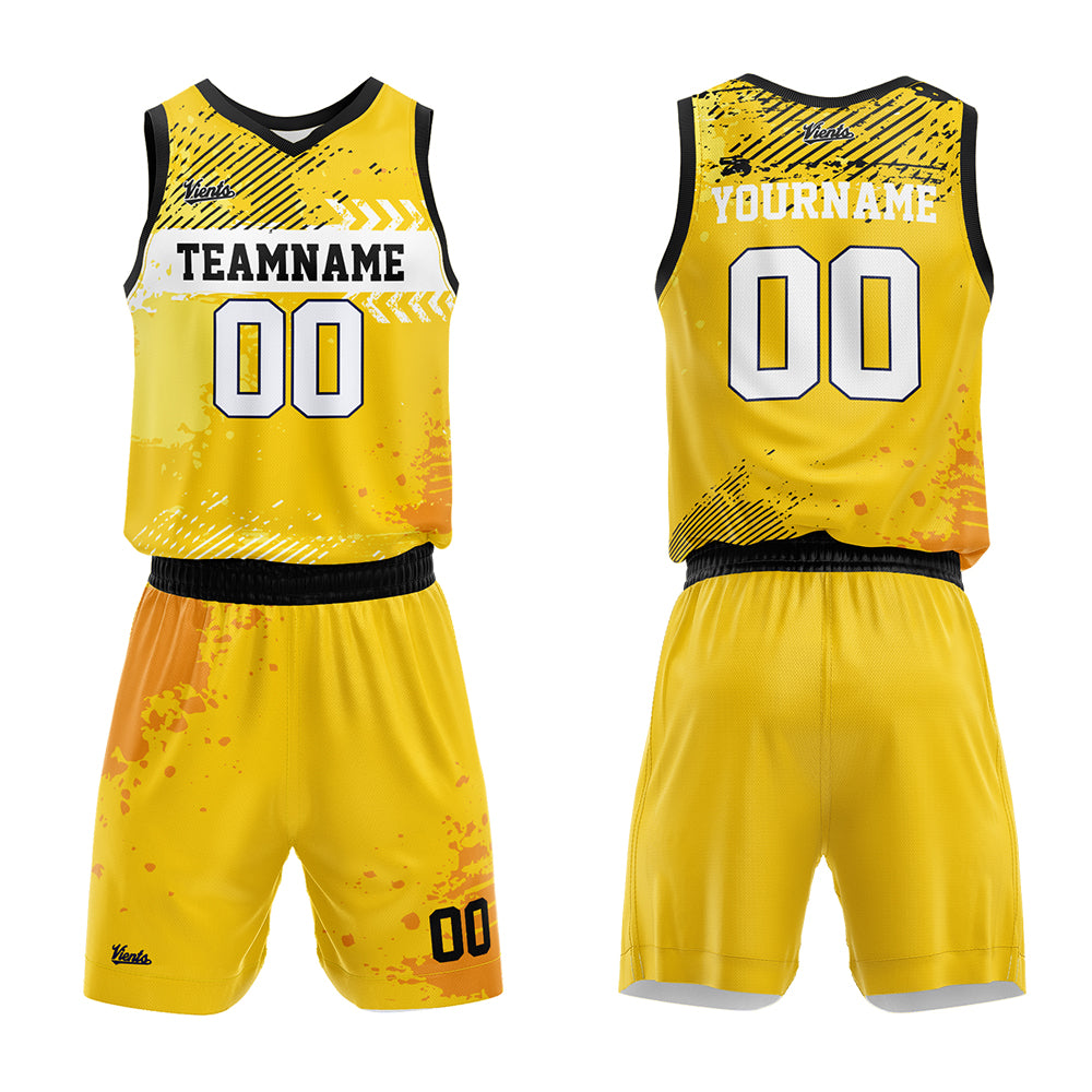 Uniforme de baloncesto amarillo personalizado con tu logotipo-nombre y número impresos