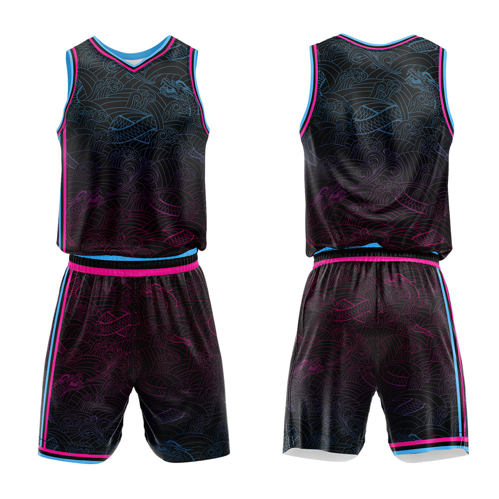 Uniforme de baloncesto negro personalizado con tu logotipo-nombre y número impresos