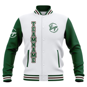 Chaquetas universitarias impermeables personalizadas en blanco-verde y marrón con nombre-número y logotipo bordados