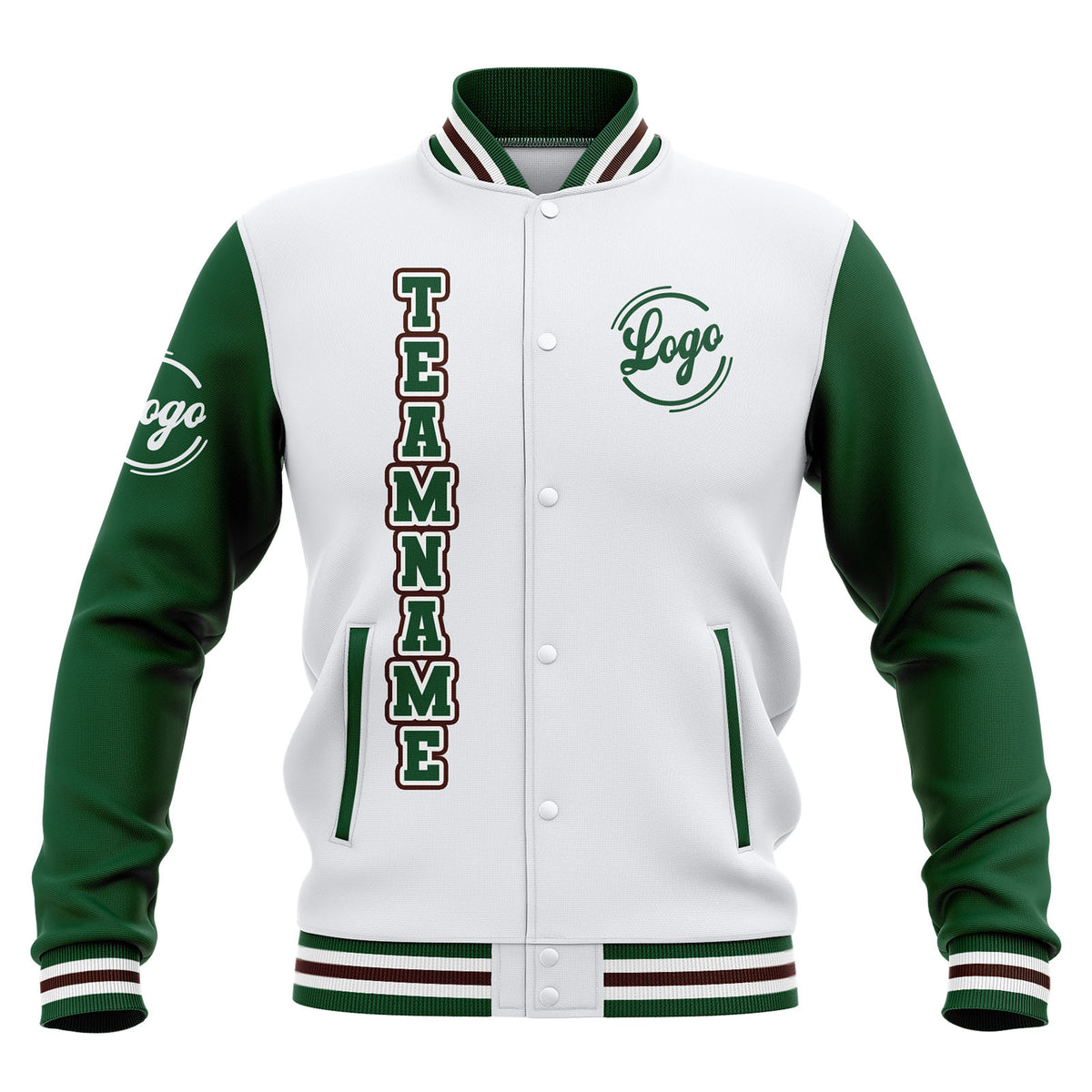 Chaquetas universitarias impermeables personalizadas en blanco-verde y marrón con nombre-número y logotipo bordados
