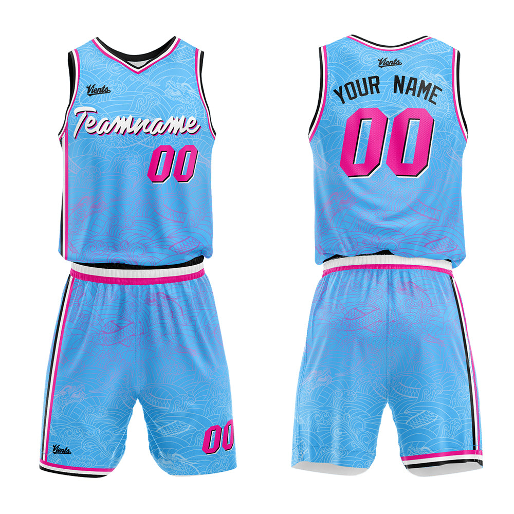Uniforme de baloncesto azul claro personalizado con tu logotipo-nombre y número impresos