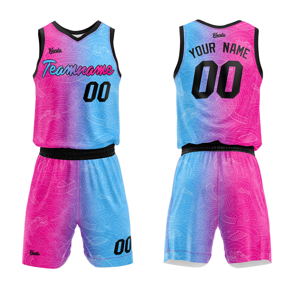 Uniforme de baloncesto personalizado rosa fucsia y azul claro con tu logotipo-nombre y número impresos