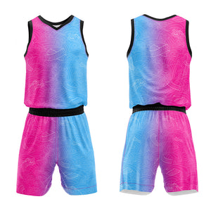 Uniforme de baloncesto personalizado rosa fucsia y azul claro con tu logotipo-nombre y número impresos