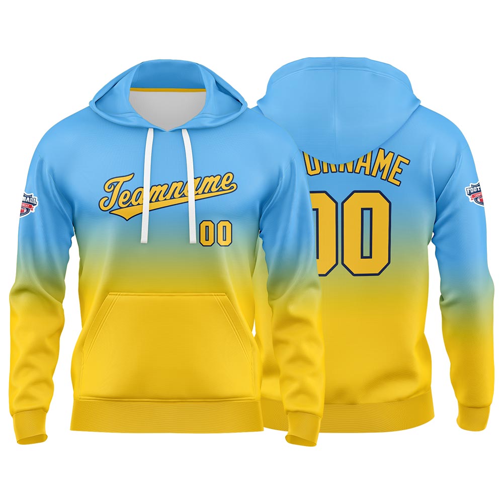 Sudadera con capucha personalizada con degradado para hombre-mujer-niña o niño Estampa tu logotipo-nombre o número en azul claro y amarillo