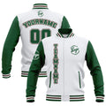Chaquetas universitarias impermeables personalizadas en blanco-verde y marrón con nombre-número y logotipo bordados