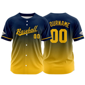 Camiseta de béisbol con dise?o personalizado estampado completo color amarillo y azul marino