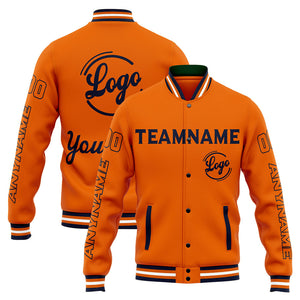 Chaqueta universitaria personalizada estilo Letterman para hombres-mujeres y jóvenes-color azul marino y naranja