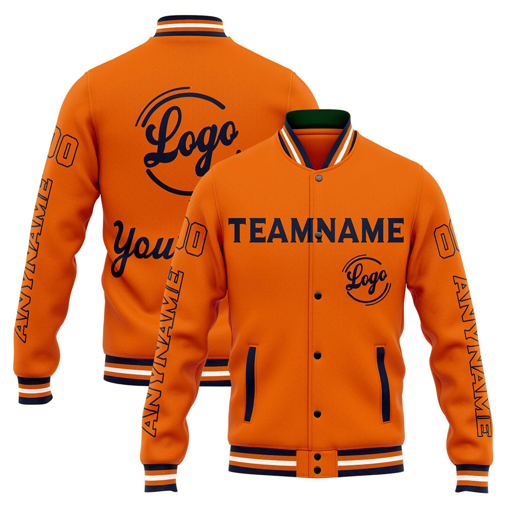 Chaqueta universitaria personalizada estilo Letterman para hombres-mujeres y jóvenes-color azul marino y naranja