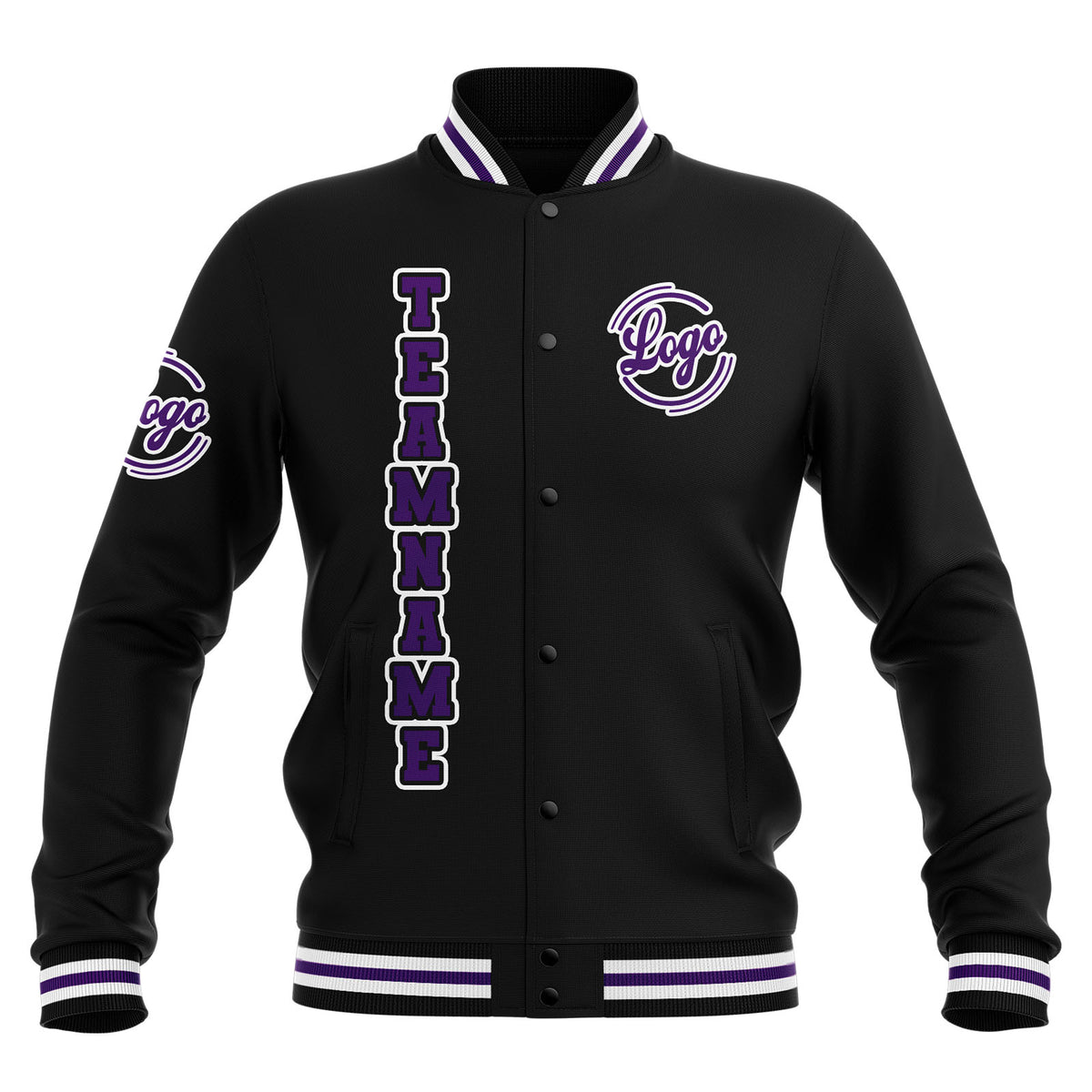 Chaquetas universitarias impermeables personalizadas en negro-morado y blanco con nombre-número y logotipo bordados