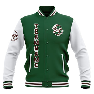 Chaquetas universitarias impermeables personalizadas en verde-blanco y marrón con nombre-número y logotipo bordados