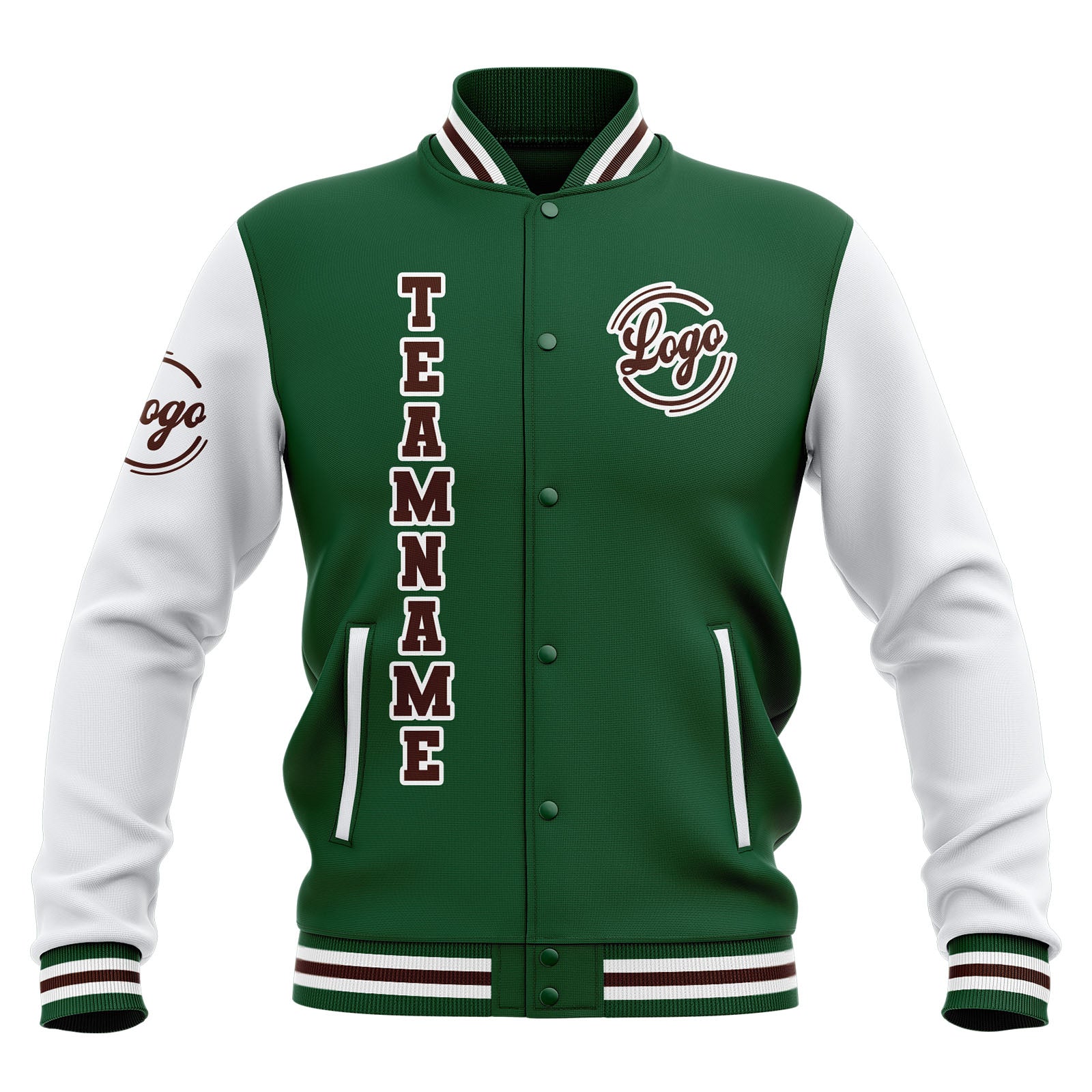 Chaquetas universitarias impermeables personalizadas en verde-blanco y marrón con nombre-número y logotipo bordados