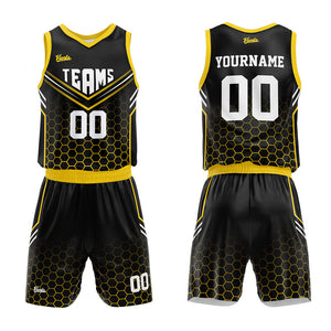 Uniforme de baloncesto personalizado negro y amarillo con tu logotipo-nombre y número impresos