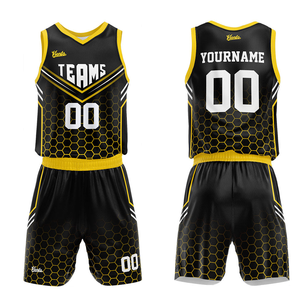 Uniforme de baloncesto personalizado negro y amarillo con tu logotipo-nombre y número impresos