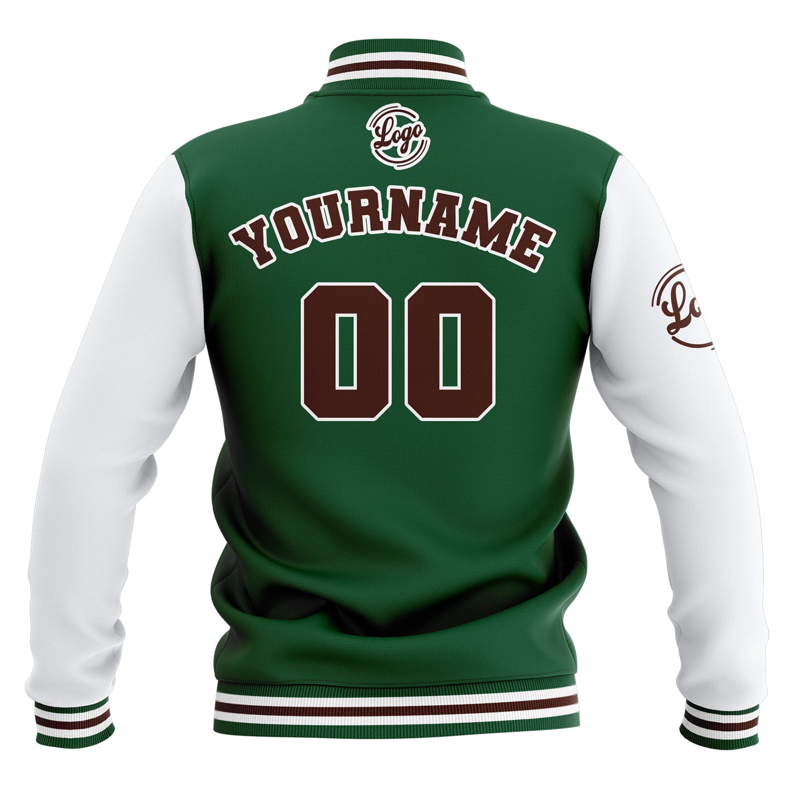 Chaquetas universitarias impermeables personalizadas en verde-blanco y marrón con nombre-número y logotipo bordados