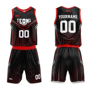 Uniforme de baloncesto personalizado en negro y rojo con tu logotipo-nombre y número impresos