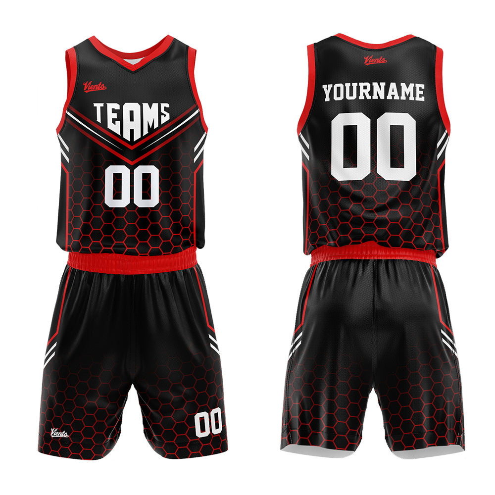 Uniforme de baloncesto personalizado en negro y rojo con tu logotipo-nombre y número impresos